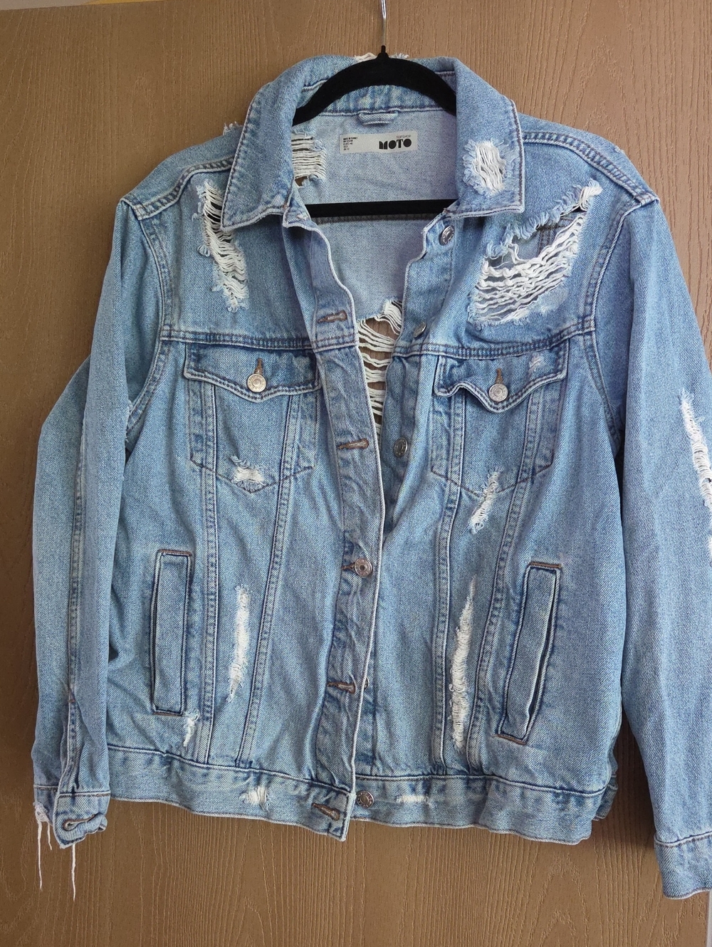 Moto Light Blue Distressed Denim Jacket, Size 8
